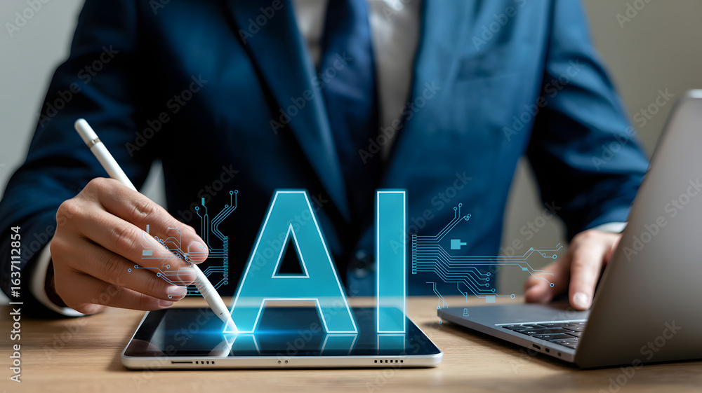 Poster ai technology: businessman using tablet with digital circuit design concept