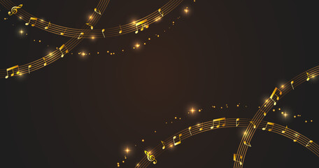 Elegant Golden Music Notes on Dark Background – Flowing Musical Wave Design  © fromage