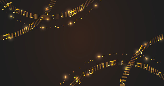 Elegant Golden Music Notes on Dark Background – Flowing Musical Wave Design
