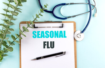 Clipboard with text seasonal flu on white paper , stethoscope, pen and green plant on blue...