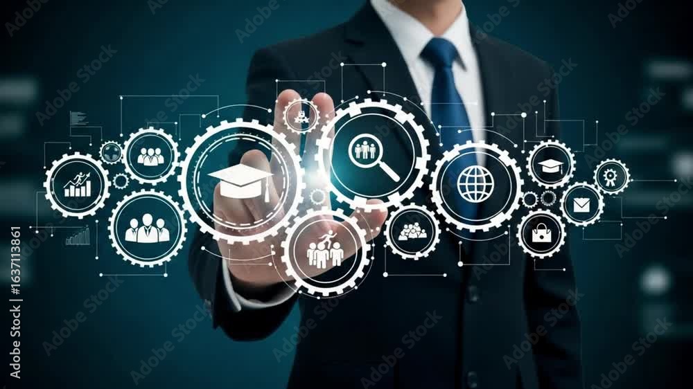 Poster a man in a suit interacting with a digital interface showing gears and business related icons
