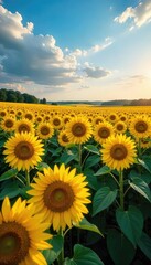 Fototapeta premium Vast Sunflower Field at Sunset Golden Blooms Swaying Gently Under a Vibrant Summer Sky, Creating a Picturesque Rural Landscape of Natural Beauty