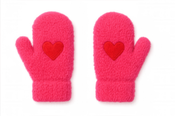 Soft pink knitted mittens featuring embroidered red hearts, symbolizing love and warmth against clean transparent backdrop