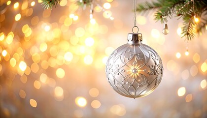 Silver Christmas ornament hanging amongst golden lights