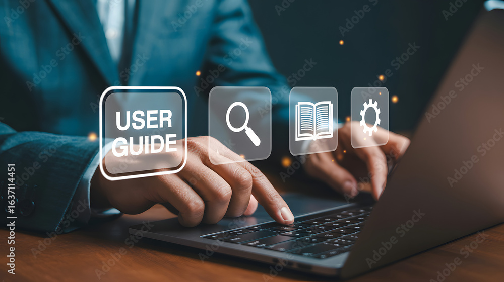 Poster user guide and online support icons hovering over laptop keyboard