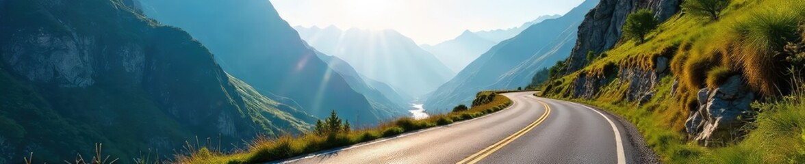 Fototapeta premium Scenic Mountain Pass Road Sunlight Illuminates Winding Path Through Lush Greenery and Towering Peaks. Perfect for travel, adventure, and nature photography.