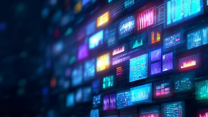 Vibrant digital screens displaying complex data analytics, graphs, and information panels in blue, pink, and teal colors. Technological visualization with multiple overlapping screens - Powered by Adobe