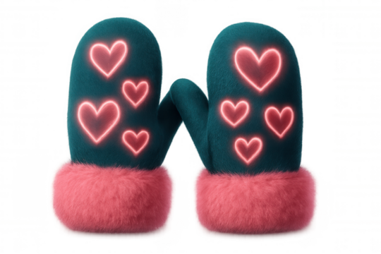 Soft teal knitted mittens intertwining, glowing pink heart pattern, symbolizing warmth and love against transparent backdrop