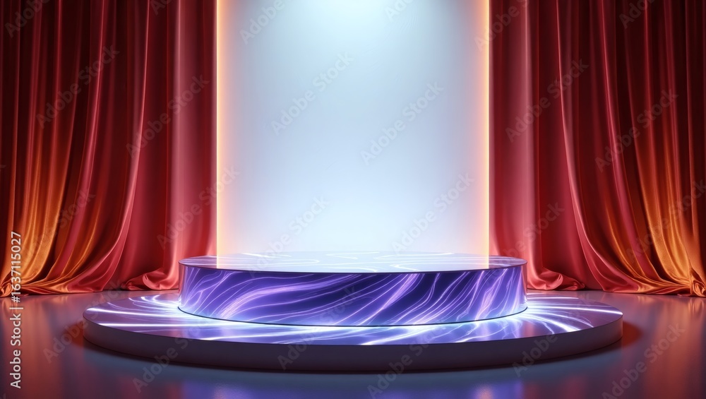 Poster an illuminated platform stage with red curtains, inviting for display and presentation