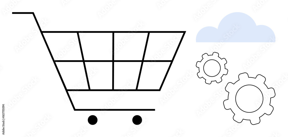 Poster shopping cart with two gears and a cloud focuses on concepts of e-commerce, automation, and connecti