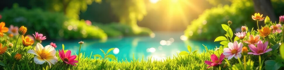 Fototapeta premium A vibrant summer scene featuring sun-drenched greenery, blooming flowers, and sparkling water, perfect for promoting summer fundraising events or initiatives , water, happy, financial aid