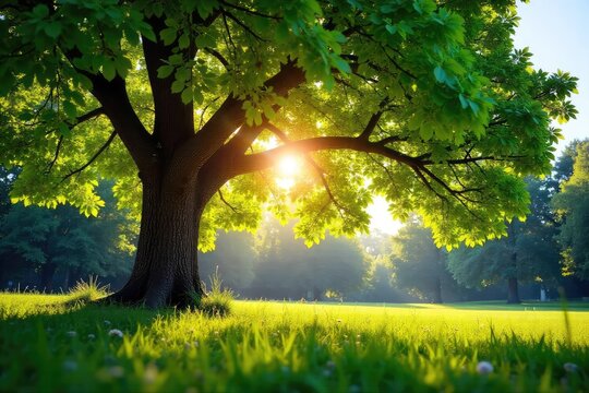 A vibrant summer scene featuring lush green foliage under the warm afternoon sun, highlighting the dense canopy of a bole tree providing shade , park, bark