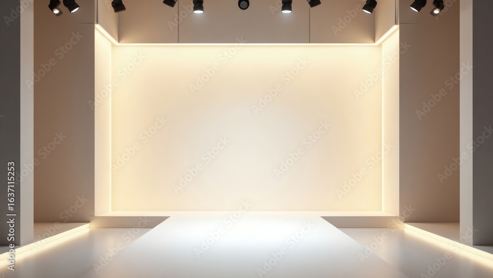 Poster an empty fashion runway illuminated by overhead spotlights, creating a stage for an upcoming event