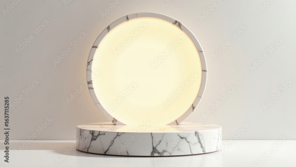 Poster a modern minimalist lamp, illuminating with a soft glow, set against a clean, neutral backdrop, show