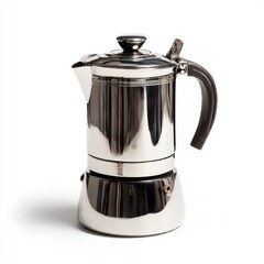Classic stainless steel moka pot coffee maker on a white background