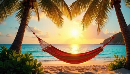 Tranquil Hammock Swing at Golden Hour Palm Trees, Tropical Paradise Relaxation