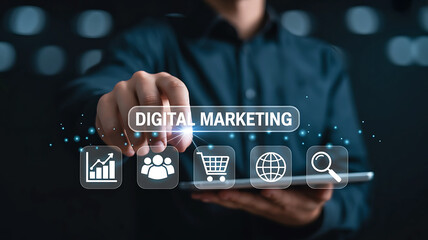 Businessman touching digital marketing interface with icons representing growth analytics and online business strategy