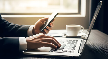 Fototapeta premium Professional Businessman Engaged with Laptop and Mobile Device at Workspace Near Window with Natural Soft Lighting