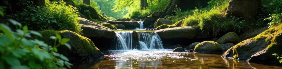 Serene Miniature Waterfall in Lush Forest Sunlight Dapples Mossy Rocks and Calm Water