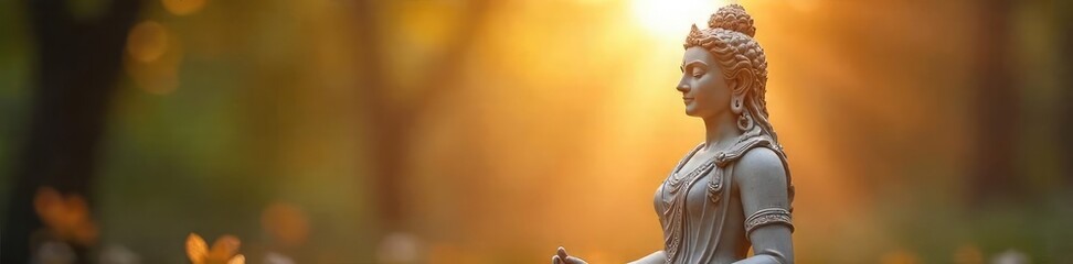 Serene goddess statue, emanating ethereal energy, bathed in soft, golden light Perfect for spiritual, yoga, meditation, and wellness themes , sculpture, sacred, magical