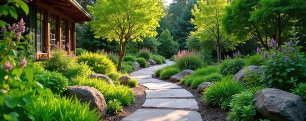 Serene landscape design featuring native plants, lush greenery, and natural stone pathways A perfect blend of artistry and ecology creates a tranquil outdoor space , wildlife, countryside, rural