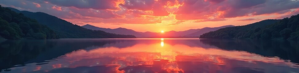 Serene landscape of a tranquil lake reflecting a vibrant sunset, perfect for relaxation and meditation Ideal for websites, apps, or presentations needing a peaceful atmosphere , zen, evening