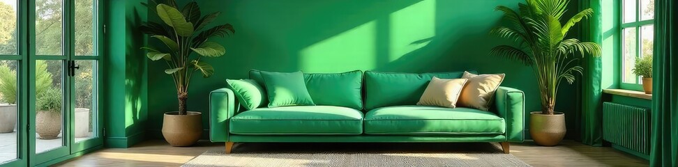 Serene Living Room Lush Green Walls, Velvet Sofa, Calming Atmosphere. Ideal for Home Decor, Interior Design, and Wellness Websites. Peaceful and Refreshing Interior.