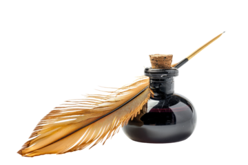 Antique quill pen and inkwell.  A golden quill feather rests beside a dark, round ink bottle.  The feather and bottle are in sharp focus, against a black background