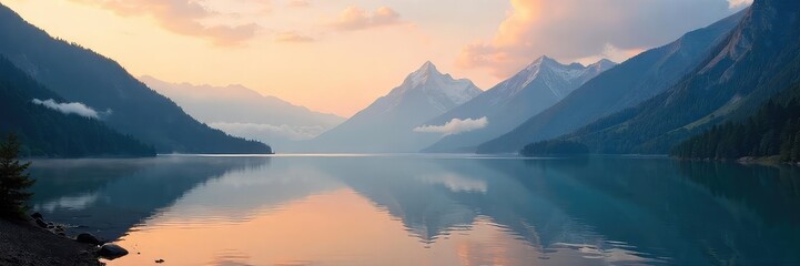 Serene mountain lake landscape at sunrise, mist clinging to the water, reflecting the majestic peaks Perfect for travel, nature, and outdoor adventure themes , reflection, clouds