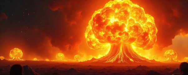 Spectacular fiery explosion, intense heat and vibrant orange, yellow, and red flames billowing outwards in a dramatic burst Perfect for fantasy, action, or apocalyptic themes , light, destruction