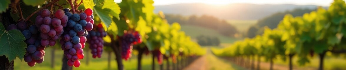 Sun-drenched Pinot Noir grapes hanging heavy on the vine, ready for harvest at a picturesque winery Lush foliage and rolling hills form a stunning backdrop , countryside, vineyard, landscape