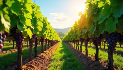 Sun-drenched rows of grapevines stretch across a picturesque vineyard, lush green leaves and ripening grapes hanging heavy on the vines A tranquil scene of agricultural beauty , sun, green, vine