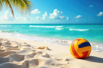 Sun-kissed sand, azure waves lapping the shore, and a volleyball ready for a game Perfect beach day vibes! Ideal for travel, summer, and sport themes , beach, net, tropical