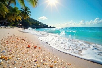 Sun-kissed beach, glittering with scattered jewels Ocean waves gently lap the shore, creating a serene, sparkling scene Perfect for travel, luxury, and nature themes , peace, sunlight, shimmering