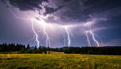 Dramatic lightning storm over a grassy field