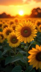 Sun-Kissed Sunflower Field at Sunrise Golden Petals Gleaming in Breathtaking Warm Light, a Stunning Natural Spectacle Perfect for Summer, Agriculture, and Nature Themes.