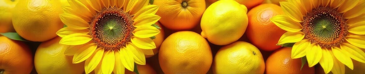 Vibrant summer colors explode in this close-up shot of sunflowers, juicy oranges, and bright yellow lemons, capturing the essence of a warm, sunny day , zest, bloom
