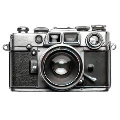 Vintage camera, front view.  Detailed antique camera with silver and black parts.  Large lens, shutter release, and controls visible