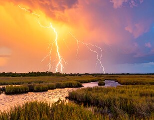 Dramatic lightning storm over a marsh