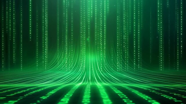 Green digital landscape with flowing code lines, curved data streams, and binary patterns representing technological connectivity and data flow.