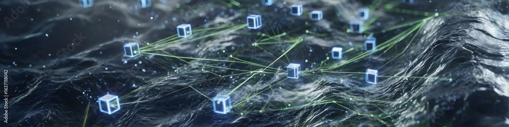 Poster abstract network of cubes over a wavy surface connected by lines in a futuristic design style