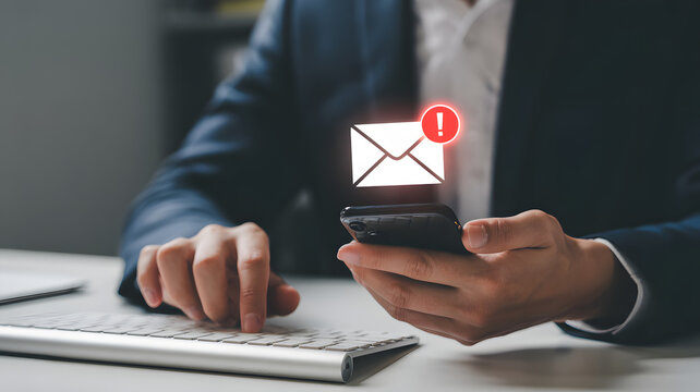 Businessman checking urgent email notification on smartphone at office desk