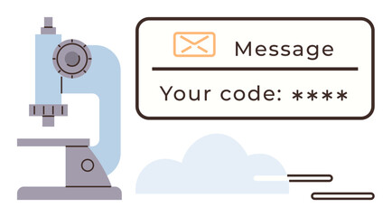 Microscope representing research beside a secure message box with verification code. Ideal for science, security, technology, data analysis, authentication, innovation, privacy. Simple flat metaphor
