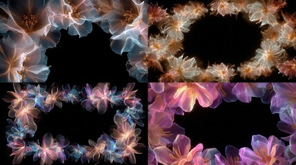 Four Animated Flower Frames in Blue, Gold, Pink on Black Background