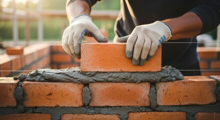 Bricklayer layering brick atop wall with mortar, gloved hands shown