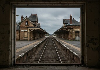 View of an old abandoned train station with tracks leading to the horizon