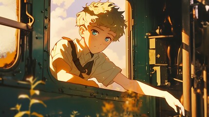 Looking through the train window Anime style man
