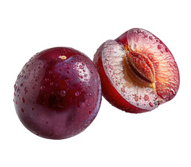 Two vibrant, deep red plums, one whole and one halved, glistening with water droplets