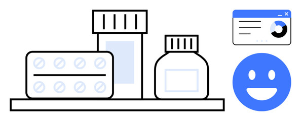 Medication bottles, pill blister, progress chart, and happy face symbolizing health improvement. Ideal for pharmacy, healthcare, medication management, wellbeing, medical apps telemedicine simple