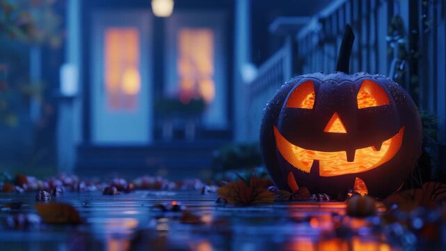 Carved pumpkin sitting on rain-soaked sidewalk, illuminated by vibrant orange light from inside home.